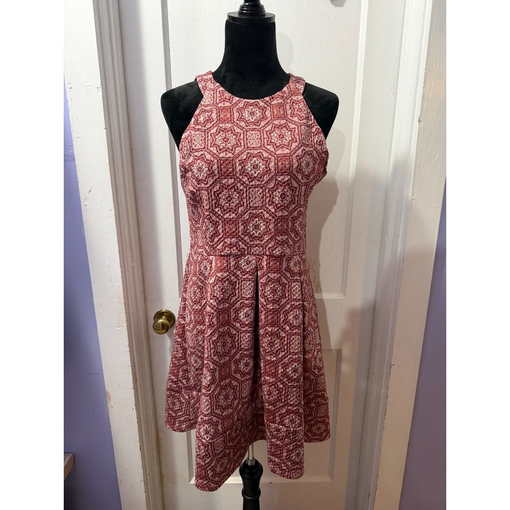 Xhileration Pink and Red Patterned Fit and Flare Tank Dress in L